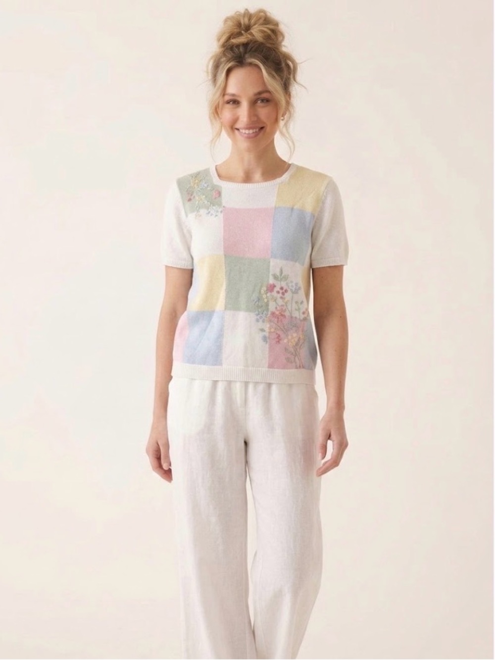 Vintage Grandma Embroidered Pastel Patchwork Cottagecore Short Sleeve Sweater MP